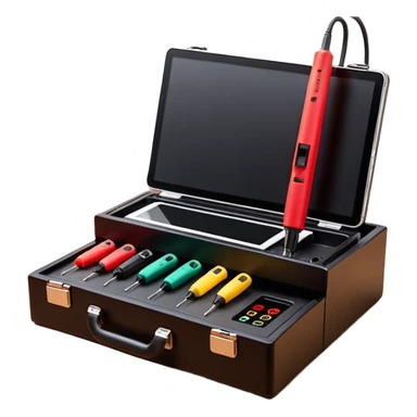 Open professional black testing case on wooden desk. Interior: control panel with colored sockets, USB ports, and power outlet. Inside: a roll of white QR-code calibration stickers. Hand using a red test probe.  sticker