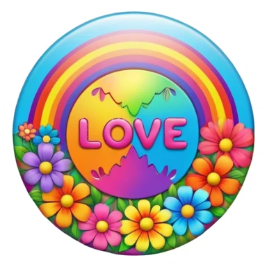 A round psychedelic colored button that says love with rainbow colored hippie style flowers sticker
