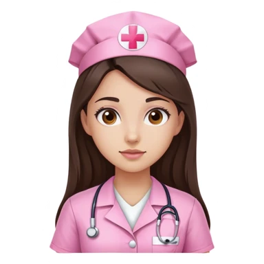 Girl with long dark brown hair and brown eyes wearing pink nurse shirt sticker
