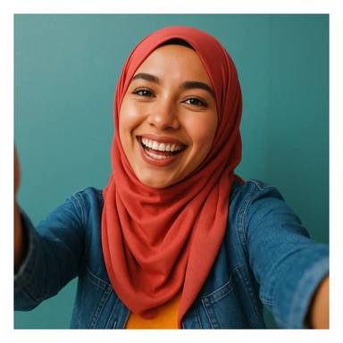 hijabi woman taking a selfie, smiling, modern style, clear facial features, vibrant colors, joyful mood sticker