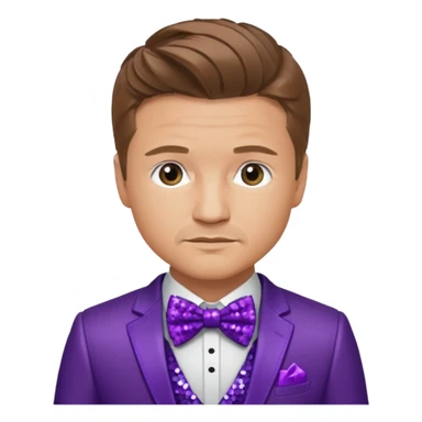 Jeremy Renner with light brown hair, purple sequin suit with bow tie sticker