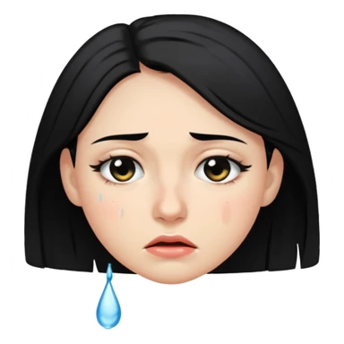 A woman in her late 20s with black hair with tears in her eyes and a look of hunger sticker