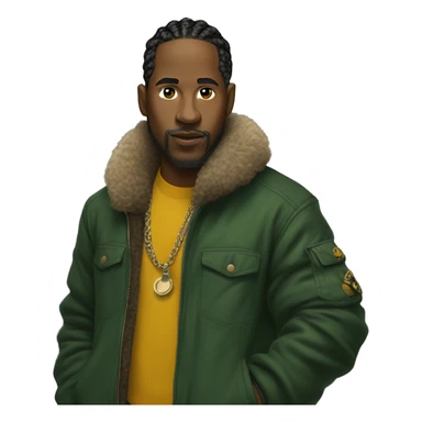Side profile of a hip hop artist. He has braids. He has an arm extended down and is holding a mic in that hand. He's wearing a very dark green jacket. The jacket has a furry yellow mustard collar.  sticker