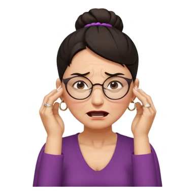  middle aged woman with dark hair pulled up in a high bun, wearing round ring earrings and glasses, expression extreme pain on her face, covering her ears with her hands very painful expression on her face, eyes squeezed shut, wincing in pain covering her ears with her hands sticker