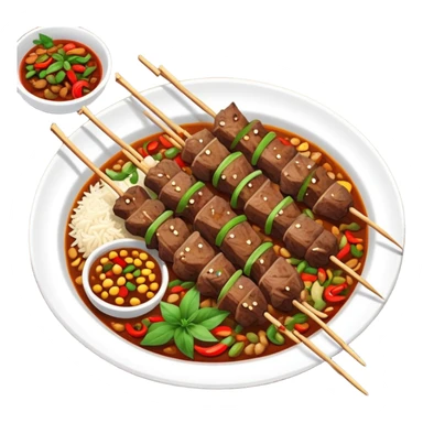 Xinjiang roasted lamb skewers with cumin and chili, simplified emoji style with bold outlines and bright colors, cartoon style Uyghur style Kawap sticker