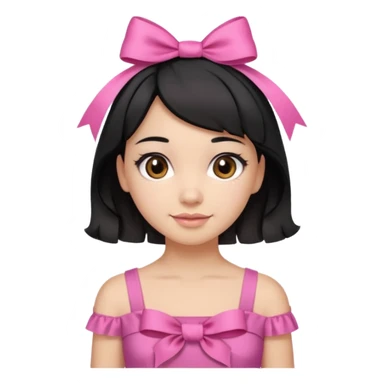 Beautiful girl with short black hair in a half-up half-down hairstyle with pink ribbon tying the top half, waves at the ends, brown eyes, light skin, slight smile, and pink dress sticker