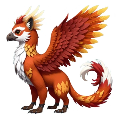 4-legged realistic digitigrade scaly winged long-big-beaked Gryphon-Griffin-Griffsnuff-Talonflame-Silvally-Braviary-Red-Panda-fusion-hybrid-animal-Fakémon-creature, full body, with a long thin tufted lion-tail, long big tufted winged feathery ears sticker
