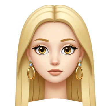 A white skinned girl with a three-dimensional face shape from Europe and America has long, straight golden center part hair Upperhung eyeliner and two earrings sticker