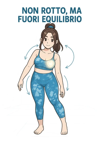 stile manga a woman stands in a relaxed pose, with a gentle, confident expression. Her body is shown with subtle, curved lines or arrows indicating areas of imbalance (such as a slight tilt in the shoulders or hips), but no signs of injury or damage. A soft glow or heart symbol at her core emphasizes resilience and the message “Non rotto, ma fuori equilibrio” The background is clean and clinical, with light blue tones. sticker