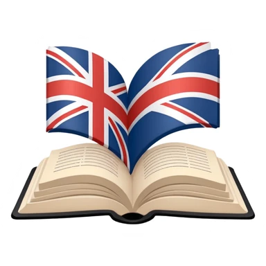 Minimalistic flat vector icon, iOS style, thin black contour on white background. Open book with a small UK/USA flag symbol. No text, no shadows. sticker