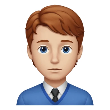 Please generate a portrait of a boy. He has light brown to reddish-brown wavy hair, a right side parting, slightly longer sideburns, blue eyes, a snub nose, and a somewhat pronounced pout. sticker