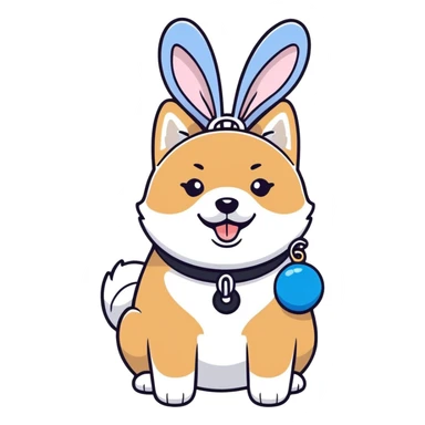 plump black shiba inu, blue bunny toy dangling from mouth, cheerful, suggestion of cheese smell, cartoon sticker style sticker