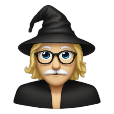 A man with blond hair and a mustache, wearing a black squared shaped eye glasses, wizard hat, black  robe sticker