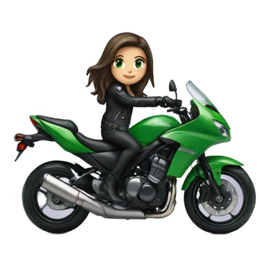 Brunette Girl with Green eyes, Long hair, wearing a black leather jacket is riding a Kawasaki motorbike sticker