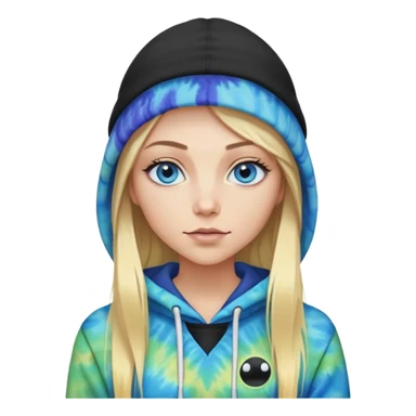 White woman with long blonde straight hair and blue eyes with long eyelashes and tiedye hoodie and a black beanie with an alien on it sticker