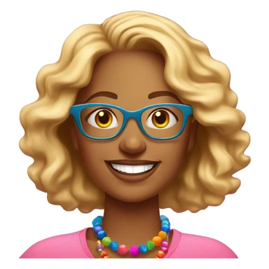  cheerful woman with wavy blonde hair and glasses, wearing a pink shirt and colorful beaded necklace, smiling brightly against a vibrant red background." setting on the moon sticker