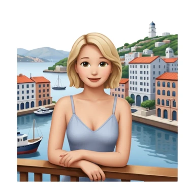 jennifer lawrence, closeup portrait , leaning on a balcony with a harbor and cityscape in the background, smiling sticker