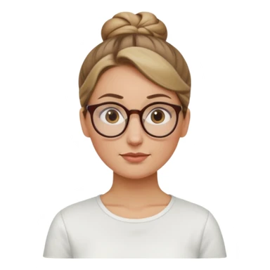 femme de 38 ans avec des cheveux tirés vers l'arrière blond foncé sans mèche devant, un chignon haut, yeux bruns, lunettes rondes, visage ovale sticker