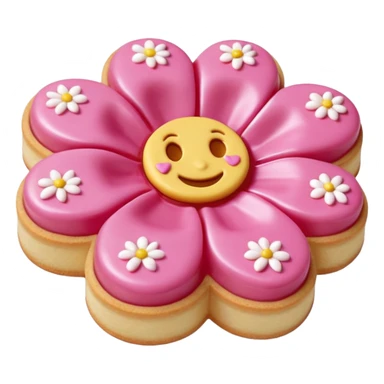 Realistic shortbread cookie in the shape of a camilia flower with pastel pink color jelly middle filling andkled powder sugar on top.emoj sprini sticker
