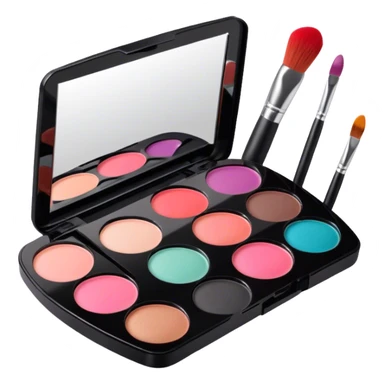 A photorealistic icon featuring makeup brushes, a lipstick being applied, an eyeshadow palette with colors in use and a compact mirror reflecting a half-done makeup look. The design captures the artistry and process of makeup with bright and realistic textures. Transparent background. sticker