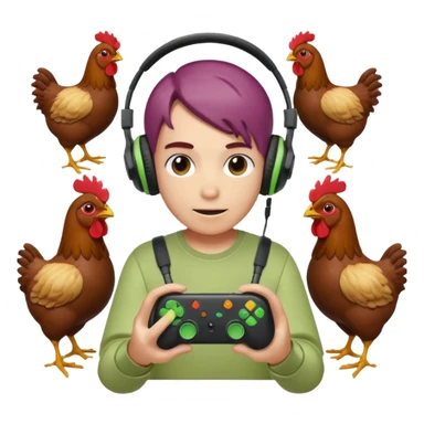 Pack emote, Sfondo trasparente e Dimensioni: (28x28, 56x56, 112x112) 
Stile Gamer: Il radicchio indossa cuffie da gaming e interagisce con controller o schermi, mentre i polli appaiono come icone di supporto o spettatori, colore font diverso in ogni emote sticker