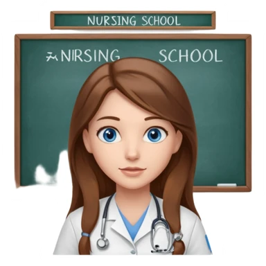 inside a classroom at university that says nursing school on the board with a pretty female nursing student with long brown hair, blue eyes sticker