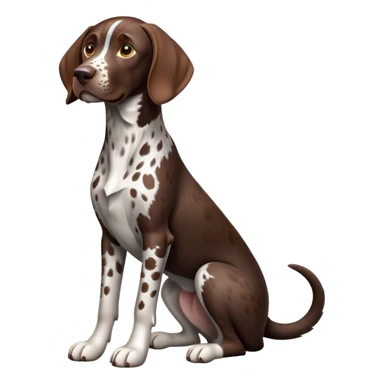 cinematic-[german pointer]-realistic-full-body-sitting-emoji,-tail-resting-loosely-beside-its-paws,-head-tilted-dramatically,-sleek-[brown and white spotten]-fur,-simplified-yet-realistic-focused-features,-highly-detailed,-glowing-with-an-almost-sarcastic-glow sticker