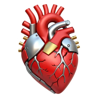 3D render of Mechanical Heart, futuristic cyborg aesthetic, fusion of organic skin and chrome metal, gold brass valves mixed with red muscle tissue, exposed wiring, emoji style, isolated on white background --v 6.0. sticker