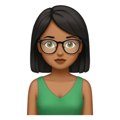 Genera a una chica morena de piel con pelo negro y lentes con vestido verde. sticker