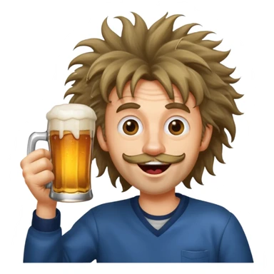 silly man with wild hair holding a beer, exaggerated goofy face sticker