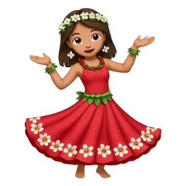 Lilo from Lilo & Stitch in a red dress with white flowers dancing hula with Stitch, apple style emoji sticker