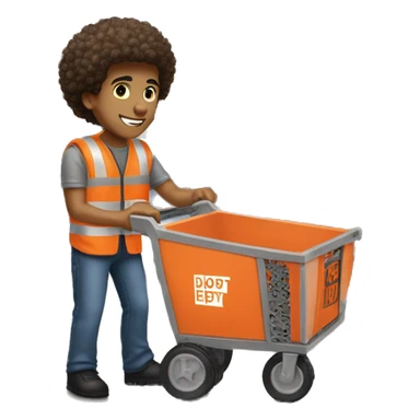 Light Skin Male with Small Afro from Home Depot wearing orange pro loader vest pushing a home depot orange cart at home depot sticker