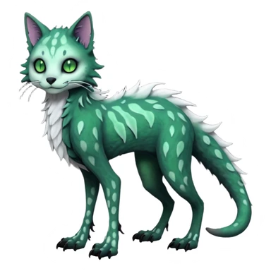 Scaley Kawaii spectral spooky dark bleak blackish swampy white-skeletal gloomy ghostly dark greyish dark-deep-greenish foggy eldritch beautiful realistic edgy fantasy ghoul-like stitched feline-vernid-sergal-fursona animal creature with a tufted tail full body with intricate markings  sticker
