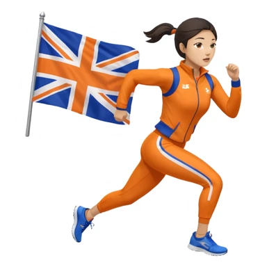 asian woman in orange sport suit and holding uk flag on the back, running sticker