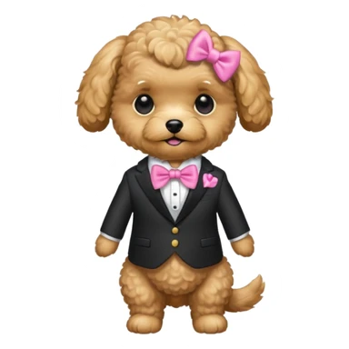 Golden maltipoo dog with pink bow k bow that is very poise make it have a suit on sticker