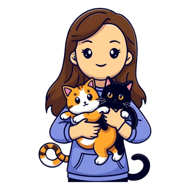 tan girl with long brown hair holding two cats, one black cat and one grey-striped cat sticker