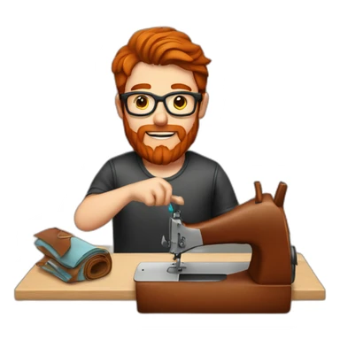 Red smooth haired man with beard and glasses sewing a leather saddle sticker