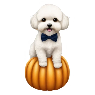 alricot maltipoo sitting on large pumpkin wearing a navy blue bow tie  sticker
