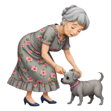 Old woman bent over from waist to floor trying to pick up dog sticker