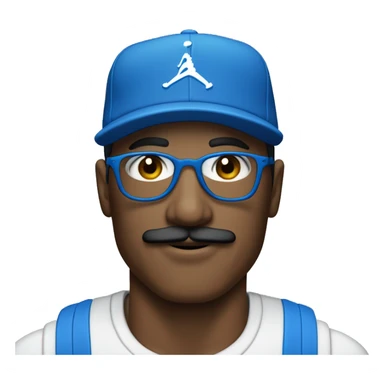Homme peau blanche avec une moustache portant des lunettes bleues , une casquette jordan bleu , un survêtement bleu sticker