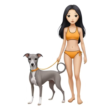 Slim Chinese woman with long black hair in appropriate beach attire at the beach with her completely solid grey Italian greyhound, ocean and sand visible, the dog has absolutely no white markings anywhere sticker