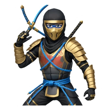 CHAINSTRIKE (Team Leader): Black-and-charcoal ninja armor, subtle metallic lines. Half-mask with glowing blue eyes that turn gold in combat. Shape-shifting rope dart—blue idle, gold in use. Silent, controlled, always one step ahead. Low, balanced stance with rope dart coiled around his arm. sticker