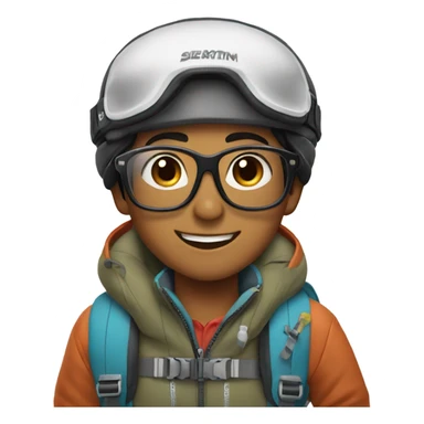 black hair smiling filipino boy with glasses with skiing gear sticker