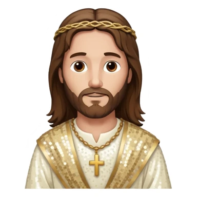 Jesus Christ from The Bible with long brown hair, ivory sequin outfit sticker