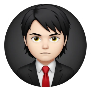 Gerard Way (Revenge Era)
Round, simplified emoji style
Pale skin tone
Jet-black, shoulder-length hair messy and emo
Heavy eyeliner and slight red shadow under the eyes
Subtle serious
Hint of red tie visible on black button up shirt.
Transparent background. Black eyeliner. Messy emo hair sticker
