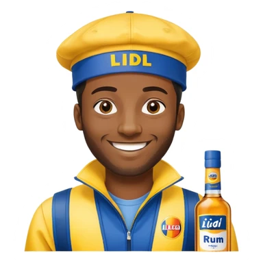 Black man smile. He has yellow and bleue cloth on him, with Lidl sloggan. He has a cap on his head, Lidl too. And he show us a bottle af rhum. sticker