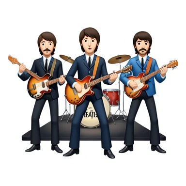 Rock music icon: The Beatles performing live on stage. John Lennon with guitar, Paul McCartney with bass, George Harrison with guitar, Ringo Starr on drums. Bright lights, energetic performance. Transparent background. sticker