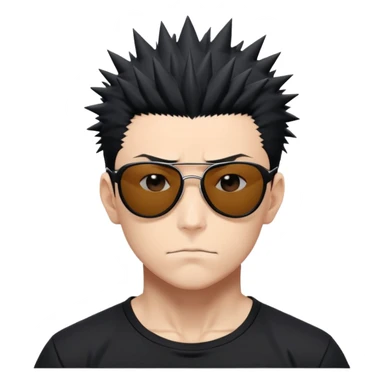Satoru Gojo from Jujutsu Kaisen with spiky black hair, wearing form-fitting black t-shirt showing muscular build, confident expression, sunglasses on top of head sticker