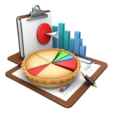 An icon featuring a pie chart, a clipboard with a checklist, and a megaphone, symbolizing management and marketing. The design includes upward-trending graphs and a target with an arrow, representing strategy and success. Transparent background highlights business organization and promotion. sticker