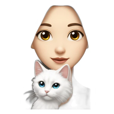 A girl with long dark hair and on her left shoulder and neck lies a white fluffy cat with different eyes sticker